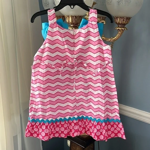 Brand New Youngland Pink & White Striped Ruffle Sleeveless Dress Blue Bows Heart - Picture 3 of 11